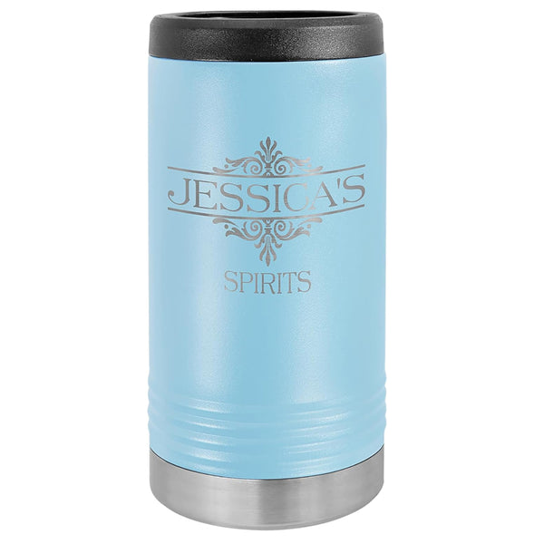 Custom Engraved Stainless Steel Beverage Holder for Slim Cans and Bottles  Light Blue
